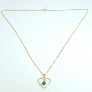 Vintage Gold Tone Heart Shape Pendant Necklace, Green Bead Center, Estate
